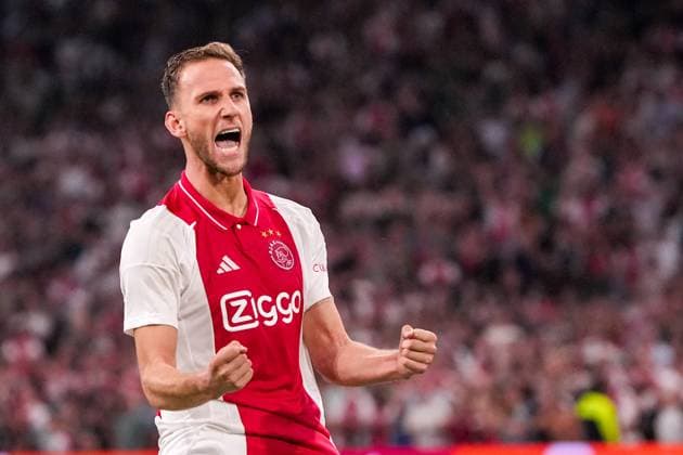 2024-08-15 AFC Ajax v Panathinaikos FC - UEFA Champions League Third Qualifying Round 2nd Leg AMSTERDAM, NETHERLANDS - AUGUST 15: Branco van den Boomen of AFC Ajax celebrating penalty goal during the UEFA Champions League Third Qualifying Round 2nd Leg match between AFC Ajax and Panathinaikos FC at Johan Cruijff ArenA on August 15, 2024 in Amsterdam, Netherlands. (Photo by Patrick Goosen BSR Agency) Amsterdam Netherlands Content not available for redistribution in The Netherlands directly or indirectly through any third parties. Copyright: xBSRxAgencyx