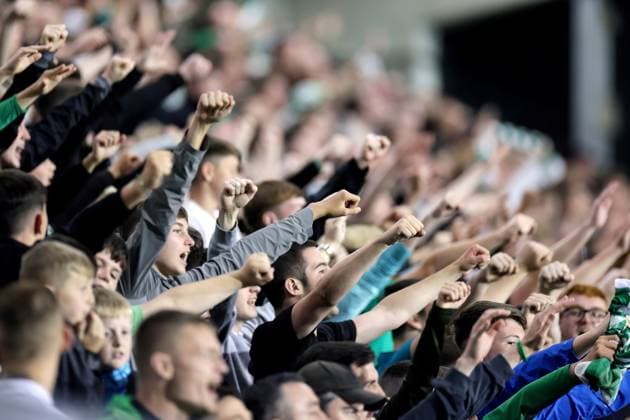 UEFA Europa League Third Qualifying Round Second Leg, Tallaght Stadium, Dublin 15 8 2024 Shamrock Rovers vs Celje Shamrock Rovers fans celebrate during the game Shamrock Rovers fans celebrate during the game 15 8 2024  Copyright: x INPHO LaszloxGeczox LG_003883