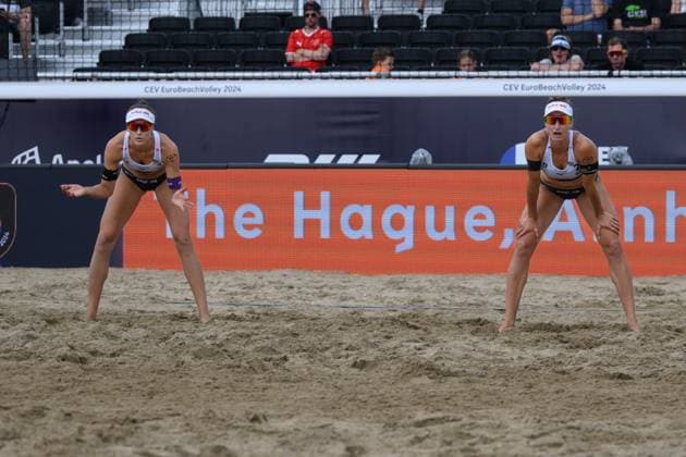 European Championships Beach-Volleyball, 16.08.2024, Den Haag Anouk Verge-Depre (SUI), Joana Maeder (SUI); European Championships Beach-Volleyball, Den Haag am 16.08.2024 Copyright: xBEAUTIFULxSPORTS PeterxWeberx