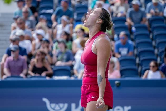 Sport Themen der Woche KW33 Sport Bilder des Tages August 16, 2024, Mason, Ohio, U.S: Aryna Sabalenka (BLR) celebrates after winning a set during FridayÃ¢â‚¬â ¢s Round of Sixteen at the Cincinnati Open at the Lindner Family Tennis Center , Mason, Oh. Mason U.S - ZUMAs304 20240816_zaf_s304_137 Copyright: xScottxStuartx