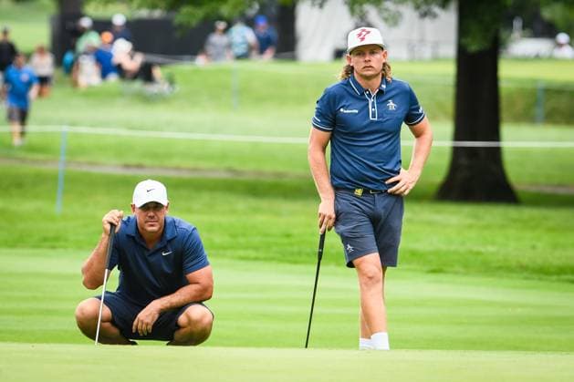 WHITE SULPHUR SPRINGS, WV - AUGUST 16: Smash GC s Captain Brooks Koepka and Ripper GC s Captain Cameron Smith during the first round of LIV Golf Greenbrier tournament at The Greenbrier Resort on August 16, 2024, in White Sulphur Springs, WV. (Photo by Brian Bishop Icon Sportswire) GOLF: AUG 16 LIV Golf League Greenbrier EDITORIAL USE ONLY Icon240816032