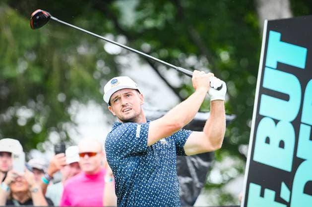 WHITE SULPHUR SPRINGS, WV - AUGUST 16: Crushers GC s Captain Bryson DeChambeau watches his tee shot on the 12th hole during the first round of LIV Golf Greenbrier tournament at The Greenbrier Resort on August 16, 2024, in White Sulphur Springs, WV. (Photo by Brian Bishop Icon Sportswire) GOLF: AUG 16 LIV Golf League Greenbrier EDITORIAL USE ONLY Icon240816039