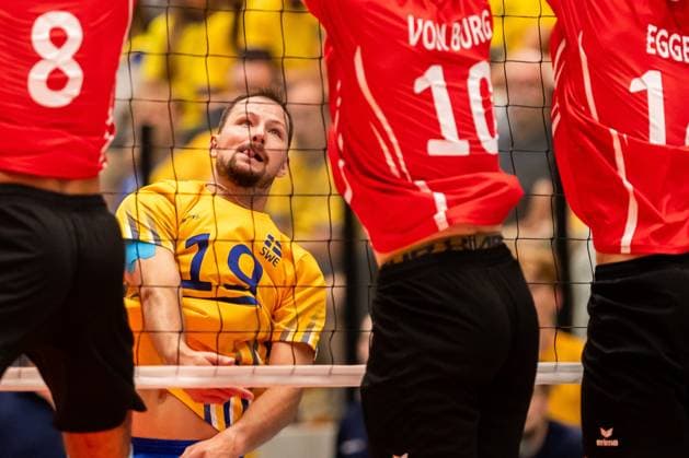 240817 Sveriges Viktor Lindberg under volleybollmatchen i herrarnas EM-kval mellan Sverige och Schweiz den 17 augusti 2024 i Habo. Copyright: AXELxBOBERG BB240817AX058
