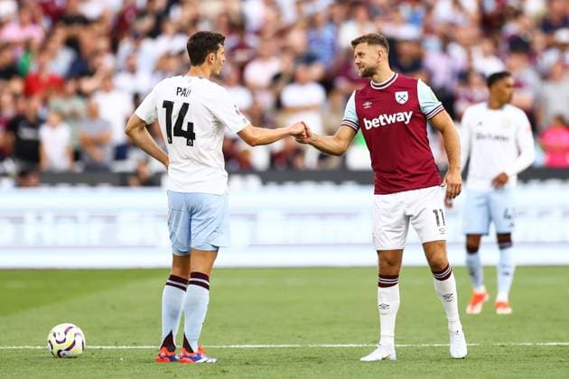 Sport Themen der Woche KW33 Sport Bilder des Tages West Ham United v Aston Villa 17 August 2024, London - Premier League Football - West Ham United v Aston Villa - Niclas Fullkrug of West Ham United shakes the hand of Pau Torres of Aston Villa - Photo: Jacques Feeney Offside. London UK *** West Ham United gegen Aston Villa 17. August 2024, London Premier League Fußball West Ham United gegen Aston Villa Niclas Fullkrug von West Ham United schüttelt die Hand von Pau Torres von Aston Villa Foto Jacques Feeney Abseits London UK  Copyright: xJacquesxFeeneyx xOffsidexOffside