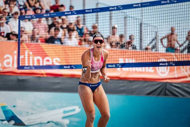 Beachvolleyball Frauen Allianz German Beach Tour 2024 Tourstop Kühlungsborn 2 17.08.2024 Sandra Ittlinger jubelt Kühlungsborn Strand an der Seebrücke Mecklenburg-Vorpommern Deutschland