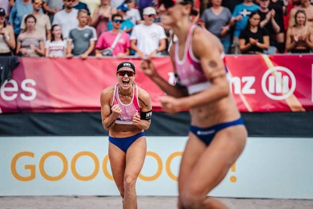 Beachvolleyball Frauen Allianz German Beach Tour 2024 Tourstop Kühlungsborn 2 17.08.2024 Kim van de Velde jubelt Kühlungsborn Strand an der Seebrücke Mecklenburg-Vorpommern Deutschland