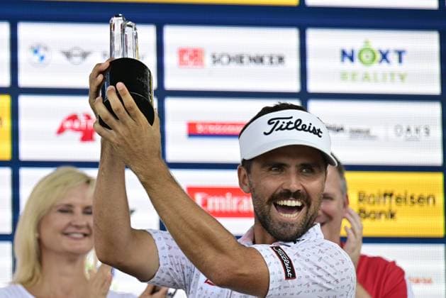 David Ravetto of France celebrates after winning the Czech Masters golf tournament of DP World Tour European series in Nebrenice, Czech Republic, August 18, 2024. (CTKxPhoto RomanxVondrous) CTKPhotoP2024081802848  CTKPhotoP2024081802848