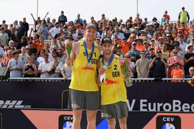 Sport Bilder des Tages European Championships Beach-Volleyball, 18.08.2024, Den Haag Nils Ehlers (GER), Clemens Wickler (GER); European Championships Beach-Volleyball, Den Haag am 18.08.2024 Copyright: xBEAUTIFULxSPORTS PeterxWeberx