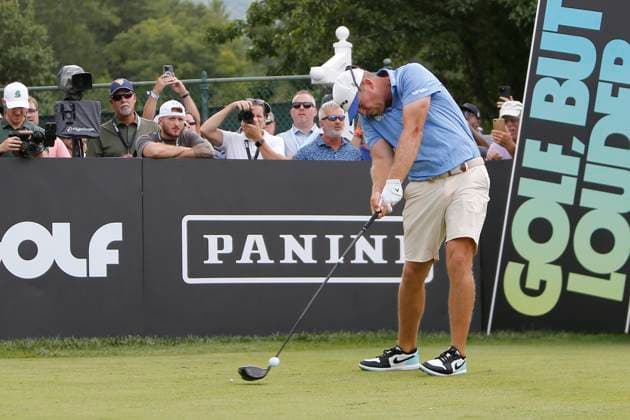 WHITE SULPHUR SPRINGS, WV - AUGUST 18: Smash GC s Talor Gooch drives the ball from the 1st tee during the final round of the LIV Golf League Greenbrier at The Old White Course on August 18, 2024, in White Sulphur Springs, WV. (Photo by Lee Coleman Icon Sportswire) GOLF: AUG 18 LIV Golf League Greenbrier EDITORIAL USE ONLY Icon155240818013