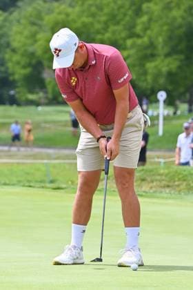 WHITE SULPHUR SPRINGS, WV - AUGUST 18: Ripper GC s Lucas Herbert putt s on the second green during the final round of LIV Golf Greenbrier tournament at The Greenbrier Resort on August 18, 2024, in White Sulphur Springs, WV.(Photo by Brian Bishop Icon Sportswire) GOLF: AUG 18 LIV Golf League Greenbrier EDITORIAL USE ONLY Icon240818015