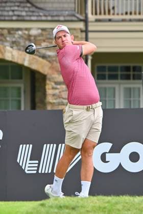 WHITE SULPHUR SPRINGS, WV - AUGUST 18: Ripper GC s Lucas Herbert watches his shot from the fourth tee during the final round of LIV Golf Greenbrier tournament at The Greenbrier Resort on August 18, 2024, in White Sulphur Springs, WV.(Photo by Brian Bishop Icon Sportswire) GOLF: AUG 18 LIV Golf League Greenbrier EDITORIAL USE ONLY Icon240818023