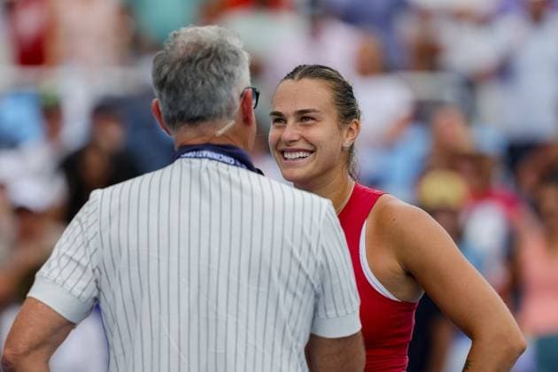 August 18, 2024, Mason, Ohio, U.S: Aryna Sabalenka (BLR) smiles during her interview after winning her match at SundayÃ¢â‚¬â ¢s semi-final round of the Cincinnati Open at the Lindner Family Tennis Center , Mason, Oh. Mason U.S - ZUMAs304 20240818_zaf_s304_029 Copyright: xScottxStuartx