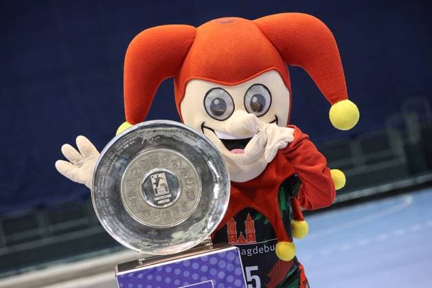 19.08.2024, xgox, Handball - Daikin HBL, SC Magdeburg Fototermin 2024-2025 emspor, v.l. Till Eulenspiegel (SC Magdeburg, Maskottchen) Magdeburg