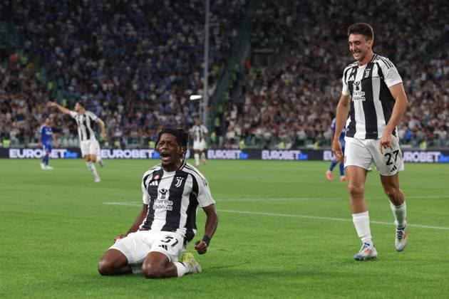 Turin, Italy, 19th August 2024. Samuel Mbangula Tshifunda of Juventus celebrates with team mate Andrea Cambiaso after scoring to give the side a 1-0 lead during the Serie A match at Allianz Stadium, Turin. Picture credit should read: Jonathan Moscrop Sportimage EDITORIAL USE ONLY. No use with unauthorised audio, video, data, fixture lists, club league logos or live services. Online in-match use limited to 120 images, no video emulation. No use in betting, games or single club league player publications. SPI-3257-0016