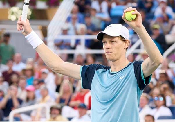 CINCINNATI, OH - AUGUST 19: Jannik Sinner of Italy raises his arms and celebrates the win over Frances Tiafoe of the USA during the championship round of the Cincinnati Open at the Lindner Family Tennis Center on August 19, 2024 in Mason, OH. (Photo by Shelley Lipton Icon Sportswire) TENNIS: AUG 19 Cincinnati Open EDITORIAL USE ONLY Icon2408192557