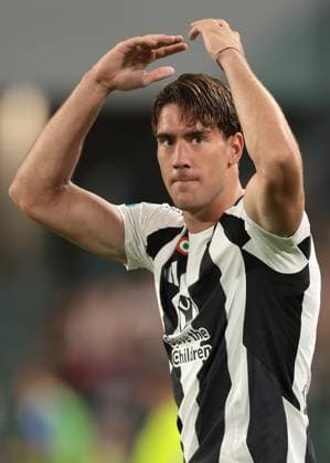 Turin, Italy, 19th August 2024. Dusan Vlahovic of Juventus reacts during the Serie A match at Allianz Stadium, Turin. Picture credit should read: Jonathan Moscrop Sportimage EDITORIAL USE ONLY. No use with unauthorised audio, video, data, fixture lists, club league logos or live services. Online in-match use limited to 120 images, no video emulation. No use in betting, games or single club league player publications. SPI-3257-0105