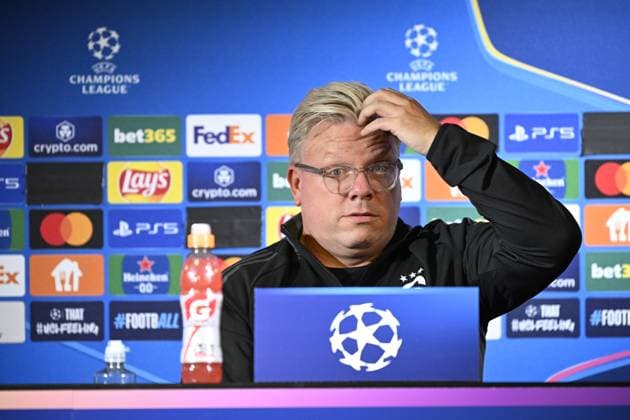 MALMÖ, SVERIGE 20240820 Sparta Prags huvudtränare Lars Friis under en pressträff inför Champions League-kvalet mot Malmö FF. MALMÖ SVERIGE x50090x