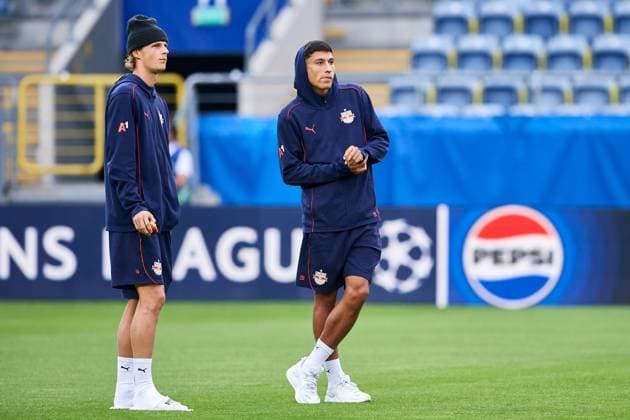 SOCCER - UEFA CL, Kyiv vs RBS LUBLIN,POLAND,20.AUG.24 - SOCCER - UEFA Champions League, qualification, FC Dynamo Kyiv vs Red Bull Salzburg, preview, walk around RBS. Image shows Maurits Kjaergaard and Adam Daghim (RBS).  GEPAxpictures xAdamxNurkiewicz