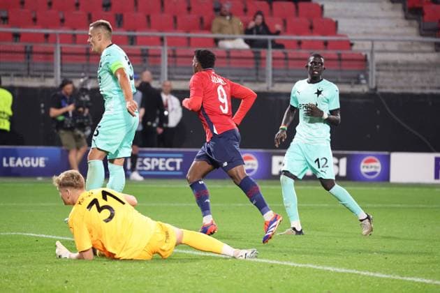 But de Jonathan DAVID (LOSC Lille) lors du match LOSC Lille vs Slavia Prague, Barrages Ligue des Champions, stade du Hainaut Valenciennes, le 20 août 2024 - photo Laurent Sanson Panoramic FOOTBALL : LOSC Lille vs Slavia Prague - Play-offs Barrages Ligue des Champions 20 08 2024 LaurentSanson Panoramic 