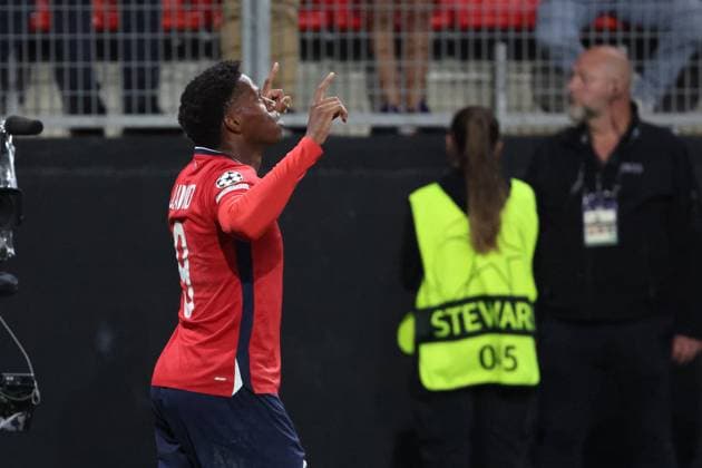 Célébration de Jonathan DAVID (LOSC Lille) lors du match LOSC Lille vs Slavia Prague, Barrages Ligue des Champions, stade du Hainaut Valenciennes, le 20 août 2024 - photo Laurent Sanson Panoramic FOOTBALL : LOSC Lille vs Slavia Prague - Play-offs Barrages Ligue des Champions 20 08 2024 LaurentSanson Panoramic 