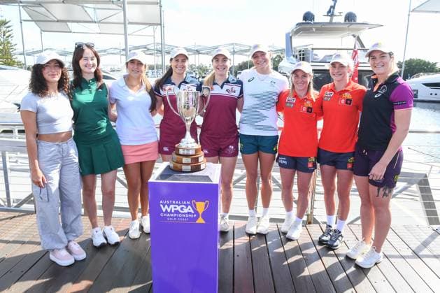 AUSTRALIAN WPGA ANNOUNCEMENT, Golfers Karis Davidson (second left) and Sarah Hammett (third left) pose for a photo with other female athletes during a WPGA Tour of Australasia announcement at Sanctuary Cove, Gold Coast, Wednesday, August 21, 2024. ( NO ARCHIVING, EDITORIAL USE ONLY, NO USE IN BOOKS WITHOUT CONSENT GOLD COAST QLD AUSTRALIA  Copyright: xJONOxSEARLEx 20240821135053439390