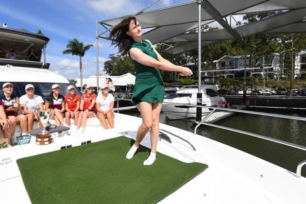 AUSTRALIAN WPGA ANNOUNCEMENT, Golfer Karis Davidson hits a ball into the water with other female athletes during a WPGA Tour of Australasia announcement at Sanctuary Cove, Gold Coast, Wednesday, August 21, 2024. ( NO ARCHIVING, EDITORIAL USE ONLY, NO USE IN BOOKS WITHOUT CONSENT GOLD COAST QLD AUSTRALIA  Copyright: xJONOxSEARLEx 20240821147540352991