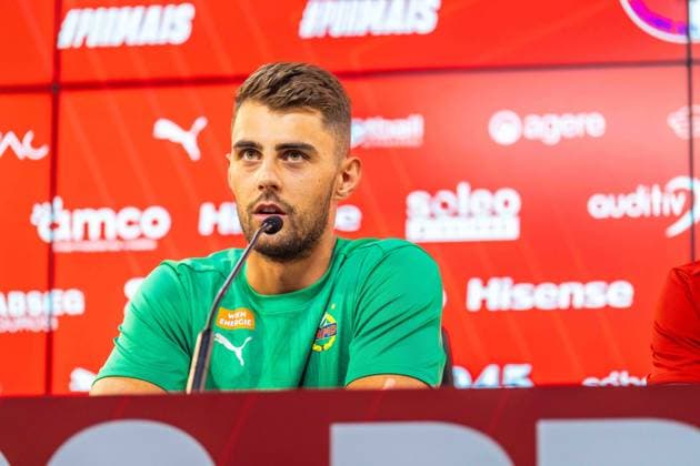 SOCCER - UEFA EL, Braga vs Rapid BRAGA,PORTUGAL,21.AUG.24 - SOCCER - UEFA Europa League, qualification, SC Braga vs SK Rapid Wien, preview, press conference, PK, Pressekonferenz Image shows Niklas Hedl (Rapid).  GEPAxpictures xKevinxHackner