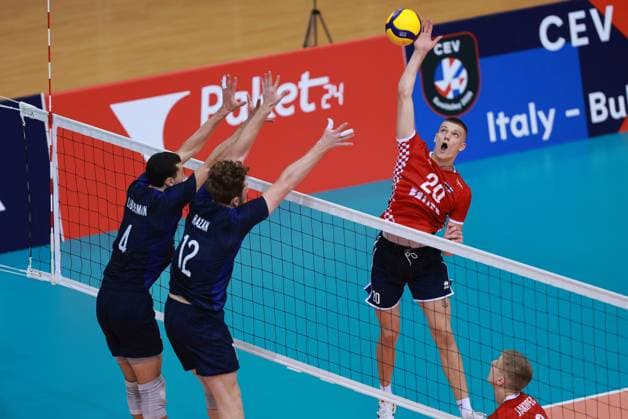 CEV EuroVolley 2026 Qualification CRO vs ISR Gabrijel Cvanciger hits a ball during CEV EuroVolley 2026 Qualification Phase Pood D match between Croatia and Israel at Gradski Vrt Sports Hall in Osijek, Croatia on August 21, 2024.  DavorxJavorovic PIXSELL