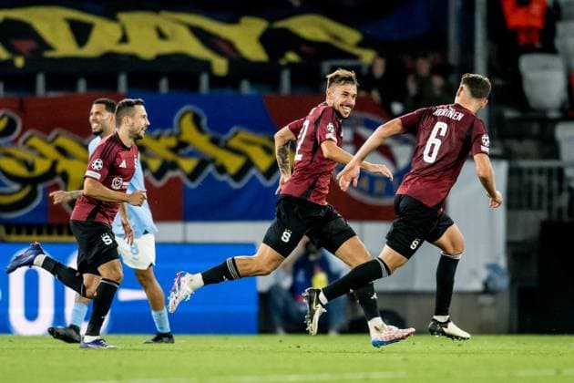240821 Matej Rynes of Sparta Prag celebrates after scoring 0-2 during the UEFA Champions League football match between Malmö FF and Sparta Prag on August 21, 2024 in Malmö. Photo: Christoffer Borg Mattisson BILDBYRAN COP 261 CO0456 fotboll football soccer fotball champions league malmö ff sparta prag bbeng play-off jubel Copyright: CHRISTOFFERxBORGxMATTISSON BB240821CB055