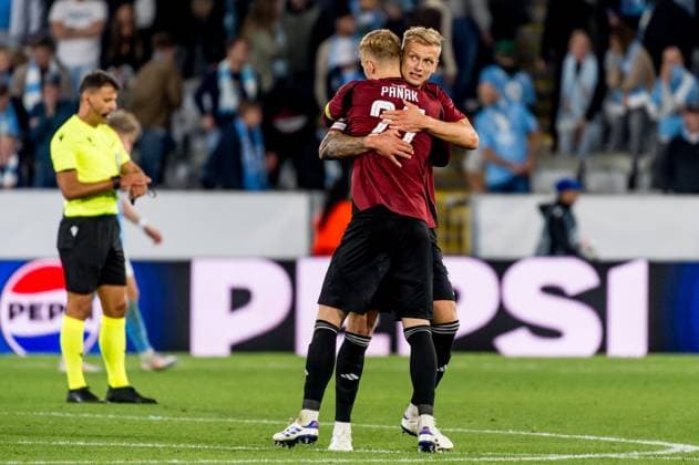240821 Filip Panak and Qazim Laci of Sparta Prag celebrate after the UEFA Champions League football match between Malmö FF and Sparta Prag on August 21, 2024 in Malmö. Photo: Christian Örnberg BILDBYRAN COP 166 CO0456 fotboll football soccer fotball champions league malmö ff sparta prag bbeng play-off bbauto jubel Copyright: CHRISTIANxÖRNBERG BB240821CO086