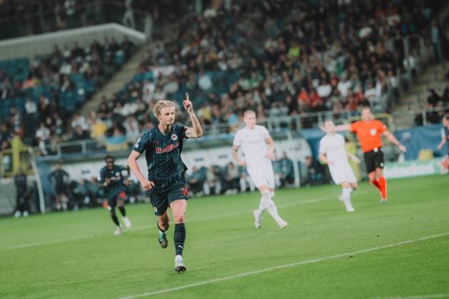 UEFA Champions League Play Off: Dynamo Kyiv - FC Salzburg LUBLIN, POLAND - AUGUST 21: Maurits Kjaergaard of FC Salzburg celebrates after scoring his side s second goal during the UEFA Champions League play off first leg match Dynamo Kyiv vs FC Salzburg on August 21, 2024 in Lublin, Poland. Copyright: xAndreasxSchaadx-xFCxRedxBullxSalzburgx DSC_4304LR