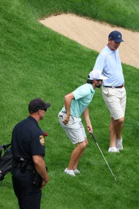 CASTLE ROCK, CO - AUGUST 21: PGA, Golf Herren player Adam Hadwin and NFL, American Football Herren, USA Hall of Fame quarterback Peyton Manning play the 17th hole during the PGA FedExCup BMW Championship Pro Am on August 21st, 2024, at Castle Pines Golf Club in Castle Rock, Colorado. (Photo by Brian Spurlock Icon Sportswire) GOLF: AUG 21 PGA FedExCup Playoffs - BMW Championship Pro Am EDITORIAL USE ONLY Icon24082146