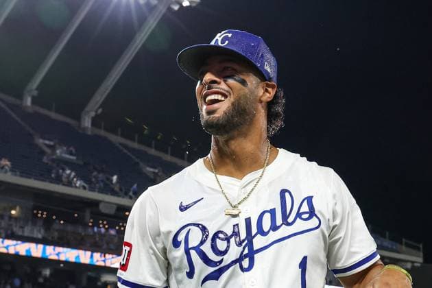 August 21, 2024: Kansas City Royals left fielder MJ Melendez (1) reacts after being doused by teammates celebrating their 3-0 win over the Los Angeles Angels at Kauffman Stadium in Kansas City, MO. CSM Kansas City United States of America - ZUMAc04_ 20240821_zma_c04_084 Copyright: xDavidxSmithx