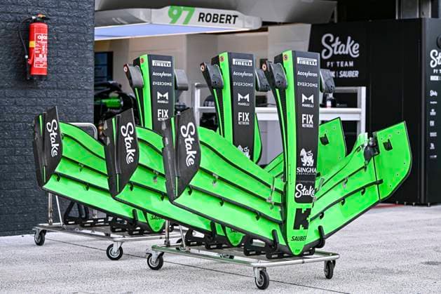 22nd August 2024; Circuit Zandvoort, Zandvoort, Holland, North Holland, Netherlands; Formula 1 Heineken Dutch Grand Prix 2024; Arrivals and Inspection Day; Spare front wings at the Stake F1 Team Kick Sauber  ActionPlus12683868 GodfreyxPitt