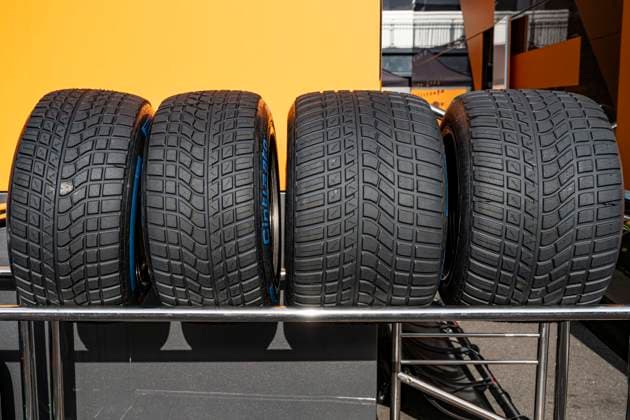 22nd August 2024; Circuit Zandvoort, Zandvoort, Holland, North Holland, Netherlands; Formula 1 Heineken Dutch Grand Prix 2024; Arrivals and Inspection Day; Full wet weather tyres outside the McLaren F1 Team garage  ActionPlus12683862 GodfreyxPitt