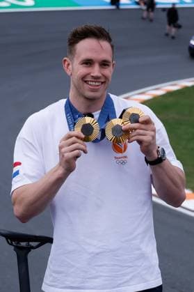Harry Lavreysen dutch olympic champion track cyclist on his golden bike shows his three golden medals during previews ahead of the F1 Grand Prix of Netherlands at Circuit Park Zandvoort on August 22, 2024 in Zandvoort, Netherlands. Defodi-704_MTB20240822F1ZandvoortDag1352560A