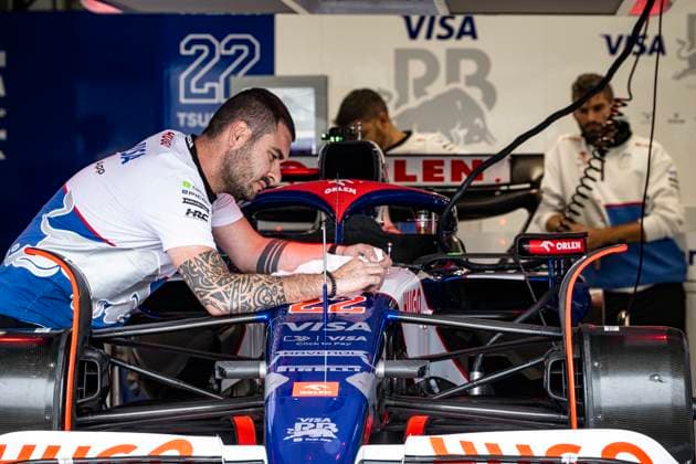 22nd August 2024; Circuit Zandvoort, Zandvoort, Holland, North Holland, Netherlands; Formula 1 Heineken Dutch Grand Prix 2024; Arrivals and Inspection Day; Mechanics work on the AT04 Visa Cash App RB car of Yuki Tsunoda (JAP)  ActionPlus12684005 GodfreyxPitt
