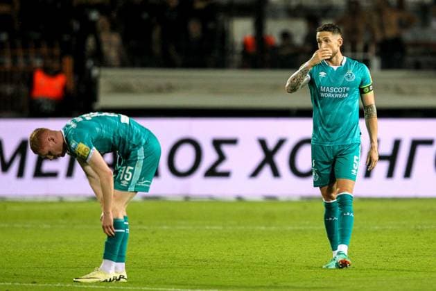 UEFA Europa League Play-off First Leg, Toumba Stadium, Thessaloniki, Greece 22 8 2024 PAOK vs Shamrock Rovers Shamrock Rovers Darragh Nugent and Lee Grace Darragh Nugent and Lee Grace 22 8 2024  Copyright: x INPHO AleksandarxDjorovicx DSCL1302