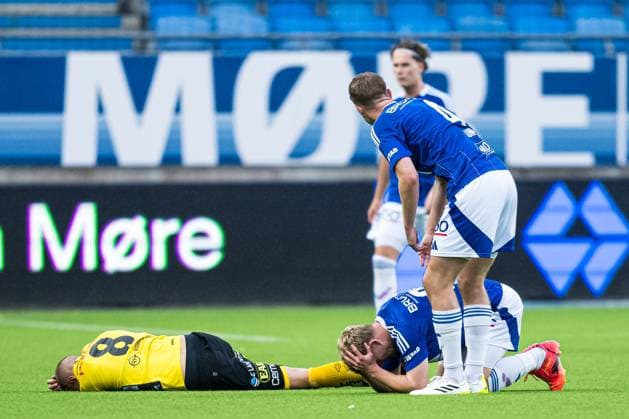 240822 Sebastian HolmÃ n of Elfsborg in pain during the UEFA Europa League play-off match between Molde and Elfsborg on August 22, 2024 in Molde. Photo: Marius Simensen BILDBYRAN COP 238 bbeng elfsborg football fotball fotboll molde play-off uefa europa league Copyright: MARIUSxSIMENSEN BB240822BB276