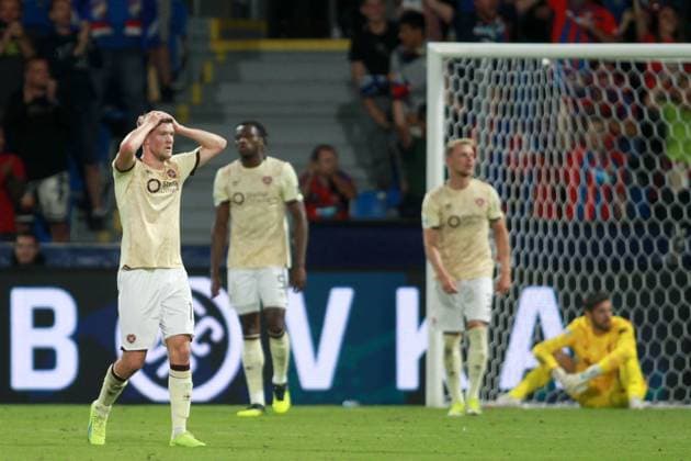 Blair Spittal of Hearts shows a look as dejection as Viktoria Plzen open the scoring Viktoria Plzen v Heart of Midlothian, UEFA Conference League, Play-Off, First Leg, Football, Doosan Arena, Plzen, Czechia, 22 Aug 2024 EDITORIAL USE ONLY No use with unauthorised audio, video, data, fixture lists, club league logos or live services. Online in-match use limited to 120 images, no video emulation. No use in betting, games or single club league player publications. Copyright: xMilanxKammermeyer Shutterstockx 14653356aw