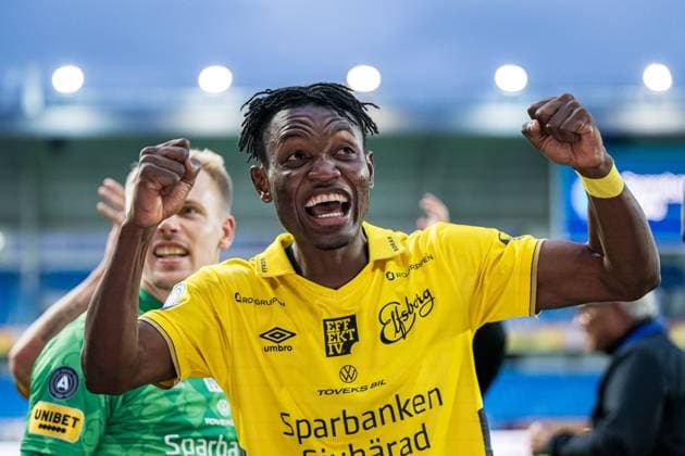 240822 Jalal Abdullai of Elfsborg celebrates after the UEFA Europa League play-off match between Molde and Elfsborg on August 22, 2024 in Molde. Photo: Marius Simensen BILDBYRAN COP 238 bbeng elfsborg football fotball fotboll jubel molde play-off uefa europa league Copyright: MARIUSxSIMENSEN BB240822BB309