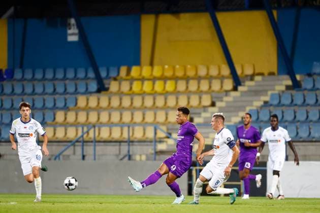 Dinamo Minsk v RSC Anderlecht - UEFA Europa League MEZOKOVESD, HUNGARY - AUGUST 22 : Stroeykens Mario midfielder of RSC Anderlecht pictured during the UEFA Europa League Play-offs1st leg match between Dinamo Minsk and RSC Anderlecht on August 22, 2024 in Mezokovesd, Hungary, 22 08 2024 Mezokovesd Hungary  Copyright: xJanxDexMeuleneirx
