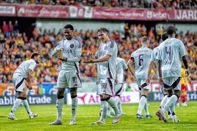 BIALYSTOK, 22-08-2024, Bialystok City Stadium, football, UEFA Europa League Play Offs, season 2024 2025, Jagiellonia Bialystok - Ajax. Ajax player Mika Godts scores 1-2 Jagiellonia Bialystok - Ajax  x26087863x Copyright: