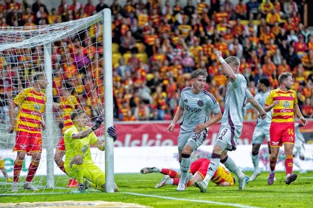 BIALYSTOK, 22-08-2024, Bialystok City Stadium, football, UEFA Europa League Play Offs, season 2024 2025, Jagiellonia Bialystok - Ajax. Ajax player Mika Godts scores 1-2 Jagiellonia Bialystok - Ajax  x26087864x Copyright: