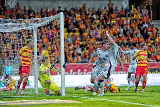 BIALYSTOK, 22-08-2024, Bialystok City Stadium, football, UEFA Europa League Play Offs, season 2024 2025, Jagiellonia Bialystok - Ajax. Ajax player Mika Godts scores 1-2 Jagiellonia Bialystok - Ajax  x26087866x Copyright: