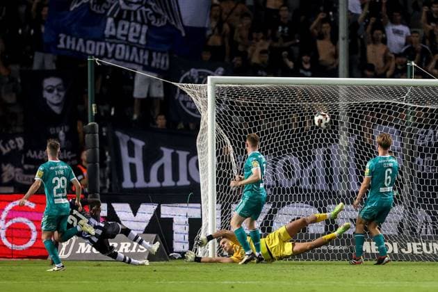 UEFA Europa League Play-off First Leg, Toumba Stadium, Thessaloniki, Greece 22 8 2024 PAOK vs Shamrock Rovers Shamrock Rovers goalkeeper Leon Pohls Leon Pohls fails to make a save 22 8 2024  Copyright: x INPHO AleksandarxDjorovicx AS4A5285