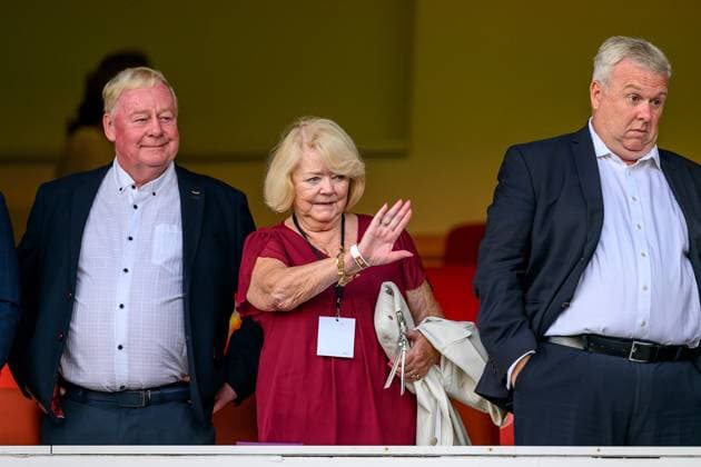 Viktoria Plzen v Heart of Midlothian Europa League 22 08 2024. Play Off Leg 1 of 2 Hearts owner Ann Budge (centre) during the UEFA Europa League play off first leg match between Viktoria Plzen and Heart of Midlothian at Doosan Arena, Plzen, Czech Republic on 22 August 2024. Plzen Doosan Arena Czech Republic Editorial use only , Copyright: xMalcolmxMackenzie HeartsxFCx PSI-20238-0084