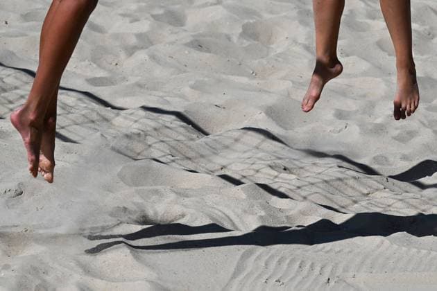 L-R Daria Romaniuk from Ukraine and Magdalena Cerna from Czechia in action during the Brno Beach Pro, Beach volleyball, Beachvolleyball tournament of Futures category, Ukraine vs Czechia, on August 23, 2024, in Brno, Czech Republic. (CTKxPhoto VaclavxSalek) CTKPhotoP2024082305274  CTKPhotoP2024082305274