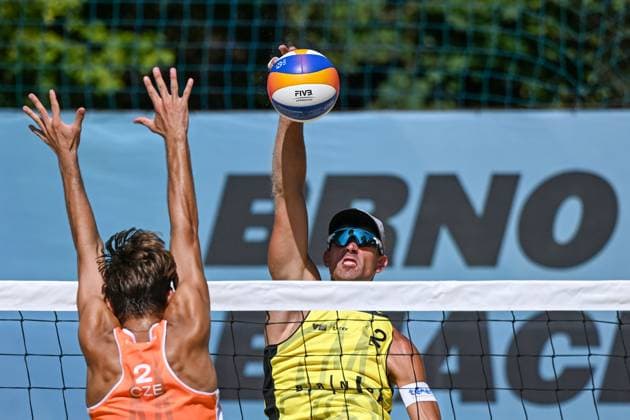 L-R David Westphal from Czechia and Alejandro Huerta from Spain in action during the Brno Beach Pro, Beach volleyball, Beachvolleyball tournament of Futures category, Spain vs Czechia, on August 23, 2024, in Brno, Czech Republic. (CTKxPhoto VaclavxSalek) CTKPhotoP2024082305365  CTKPhotoP2024082305365