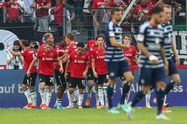 23.08.2024, xtgx, Fussball - 2.Bundesliga, Hannover 96 - Hamburger SV emspor, v.l. Jubel nach dem 1:0 durch Jessic Ngankam (Hannover, 7) (DFL DFB REGULATIONS PROHIBIT ANY USE OF PHOTOGRAPHS as IMAGE SEQUENCES and or QUASI-VIDEO) Hannover